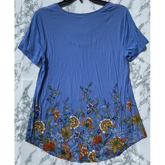 JM Collection Size Small Blue Floral Print Rayon Knit Top Short Sleeve Stretch - Picture 2 of 8
